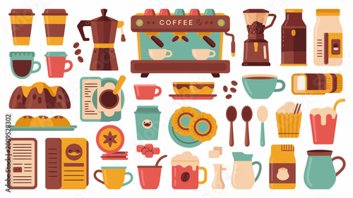 Tableau sur toile A colorful collection of coffee related items is displayed including brewing equ