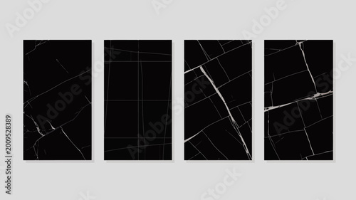 Billede på lærred A series of four vertically oriented panels display a black marble texture with