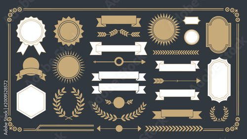 Konstfotografi An assortment of golden and white decorative badges ribbons laurels and frames a