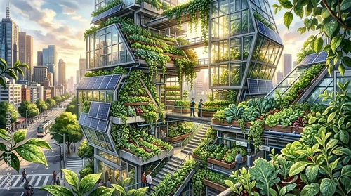 Sustainable Urban Vertical Farm with Green Architecture and Solar Panels