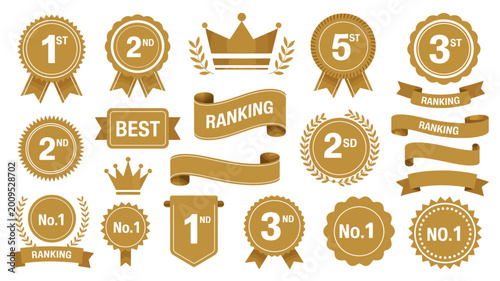 Konstfotografi An assortment of golden award ribbons and badges displaying various rankings fro