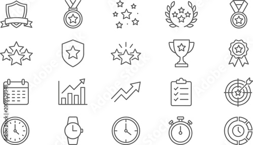 Award, Medal, Trophy, Chart, and Clock Icons Set for Achievement, Business, and Time Management Design Projects
