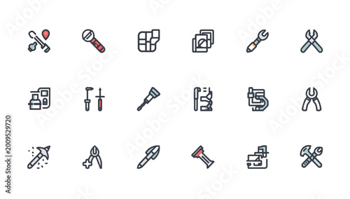 Tableau sur toile A set of various tools and equipment icons arranged in rows on a clean white background with a minimalist style