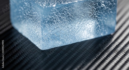 Textured Blue Ice Cube on Dark Carbon Fiber Surface Macro Shot