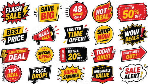 Tableau sur toile Dynamic comic style sale badges bundle with bright colors and energetic shapes for urgent retail advertisements