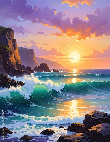 Vibrant sunset paints ocean cliffs and crashing waves with golden hues