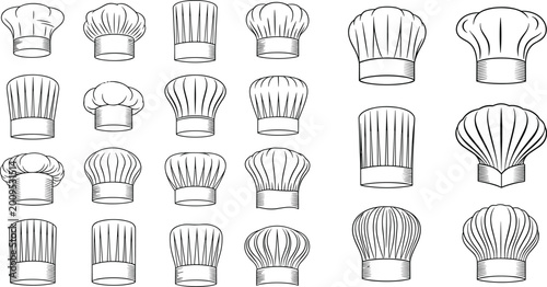 Konstfotografi Chef hat and toque collection with various styles and designs in black and white