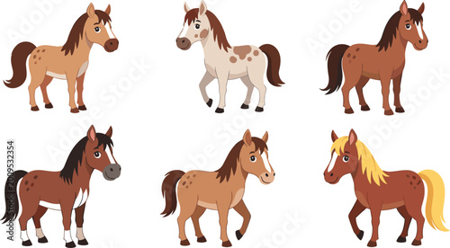 Fotografie Set of 6 Cute Cartoon Horses in Various Poses and Colors for Animal, Farm, and K