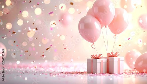 Festive background with pink balloons, gift boxes, falling confetti, and golden bokeh lights.