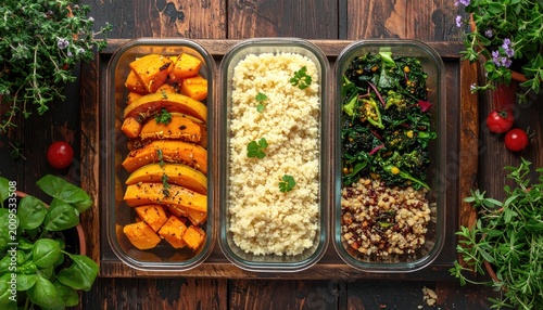 Three glass containers of healthy food roasted squash, couscous, and greens/grains