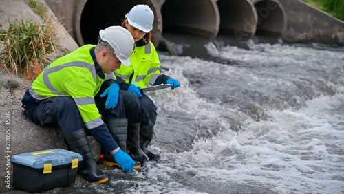 Fotografía Scientists are collecting water samples from water flowing from pipes into a natural river to test for contaminants