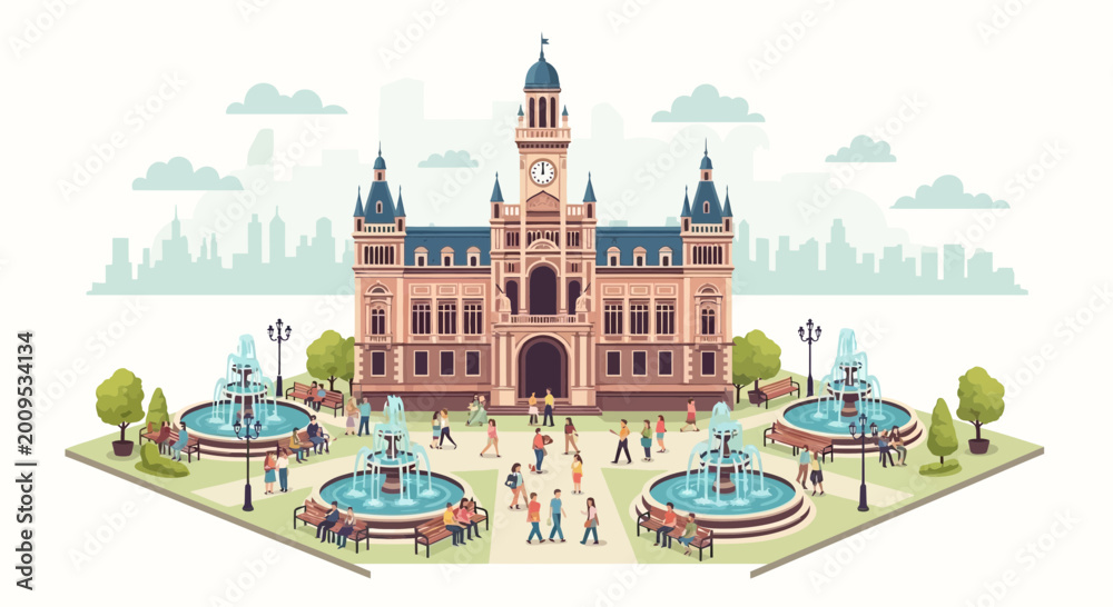 Naklejka premium Ornate Historic Building with Fountains and People.