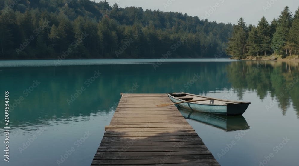 Obraz premium Wooden pier juts into calm turquoise lake, small boat with paddle floats nearby. Forested hills reflect on water surface. Peaceful remote nature scene.