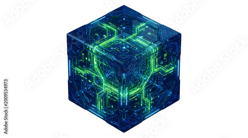Futuristic blue glowing data cube with circuit board patterns on transparent background.