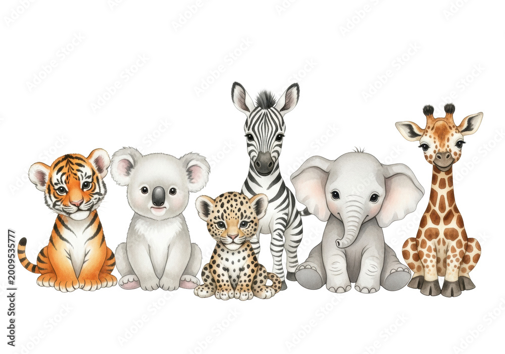 Fototapeta premium watercolor illustration of six adorable pastel baby safari animals (tiger, koala, zebra, elephant, leopard, giraffe) sitting on a white background with copy space. concept for nursery decor and