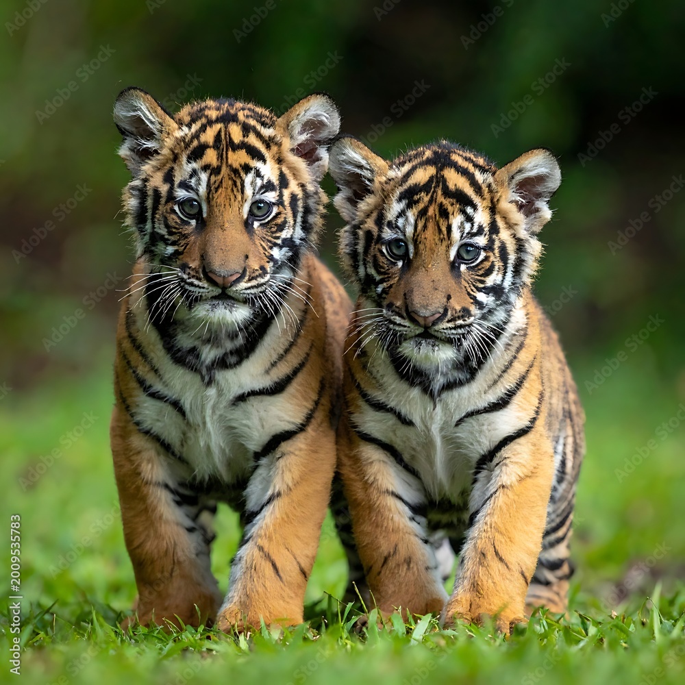 Obraz premium Two adorable tiger cubs walking in a lush green field