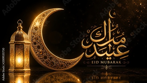 Golden crescent moon and ornate lantern with eid mubarak calligraphy glowing light reflection on black background