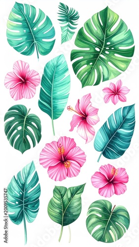 Vibrant tropical foliage and bright pink hibiscus flowers arranged as a dynamic pattern