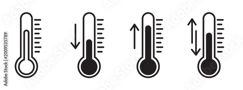 Thermometer Icons Set With Rising Falling and Fluctuating Temperature Arrows Black Outline Vector