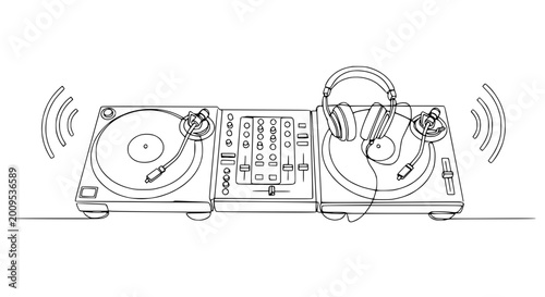 Foto DJ Turntable Setup with Headphones - Music Entertainment Line Art