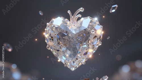 Sparkling diamond heart with crystal facets and glowing light effects on dark background