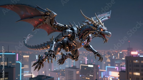 Massive cybernetic dragon flying above a futuristic city with neon lights at night