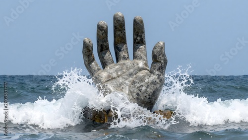 Giant stone hand emerging from the ocean with waves crashing around it