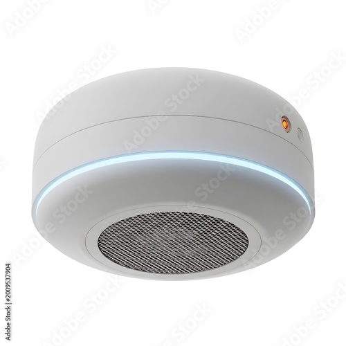 White smoke detector with blue light, round shape, mesh grill alarm