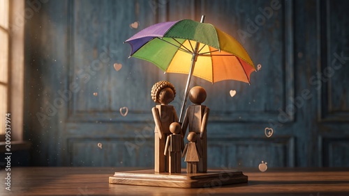 Wooden family figurines under rainbow umbrella on table