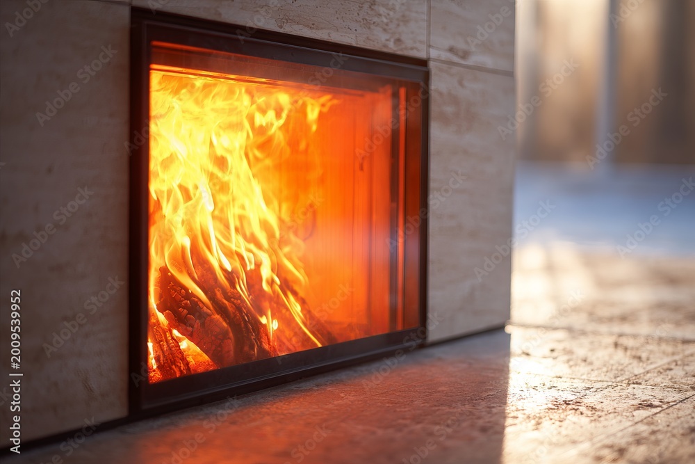 Fototapeta premium Cozy Fireplace with Dancing Flames and Warm Glow in Modern Room