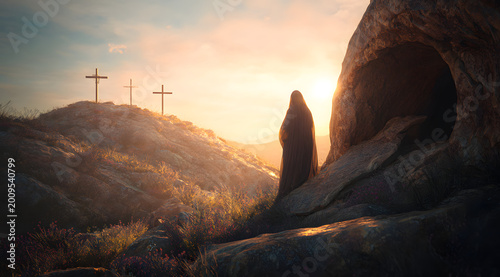 Woman standing near empty tomb of Christ on Resurrection morning. Biblical scene of Easter with crosses on a hill. Christian religious concept.