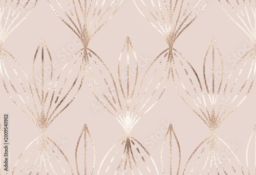 Ethnic geometric floral seamless pattern with gold flower tiles.