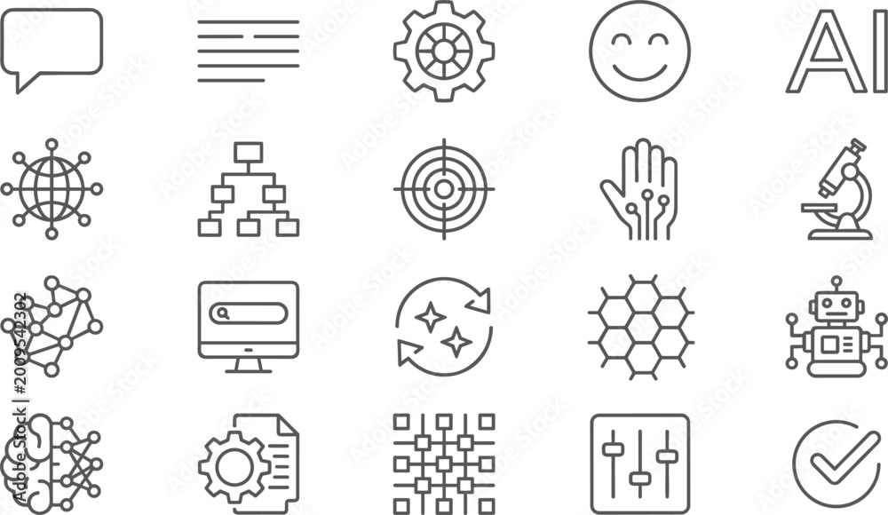 Fototapeta premium Artificial Intelligence and Technology Icon Set with AI, Network, Machine Learning, Robotics, Data, Analytics, Brain, and Digital Tools for Vector Projects