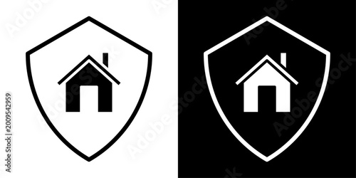 House shield icon in solid fill style showing protected home inside shield, representing home security, property safety, insurance coverage and secure housing.