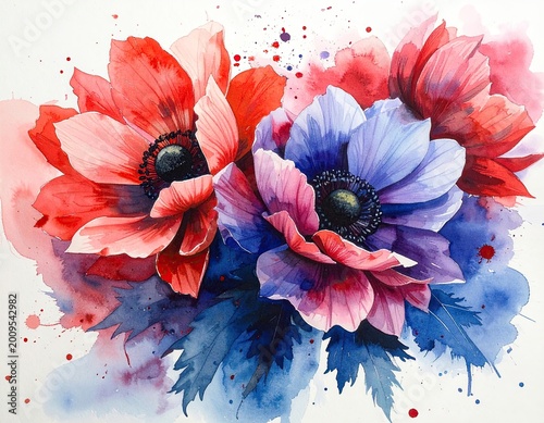 Vibrant watercolor anemones in red, blue, and pink bloom