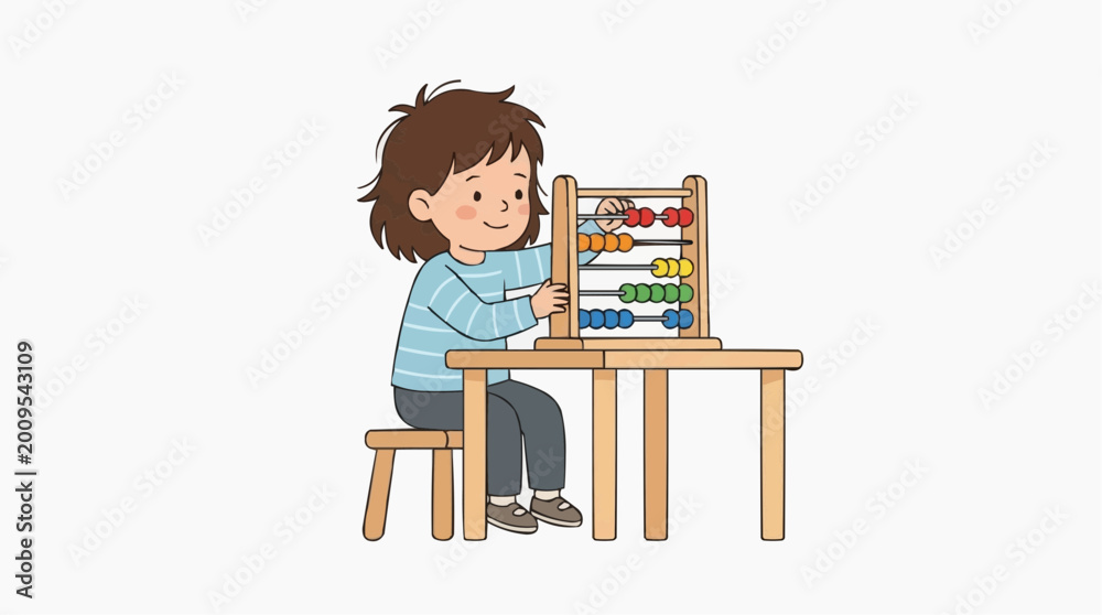 Fototapeta premium A young child concentrates on counting using a traditional abacus. Illustrating the child's learning process. 