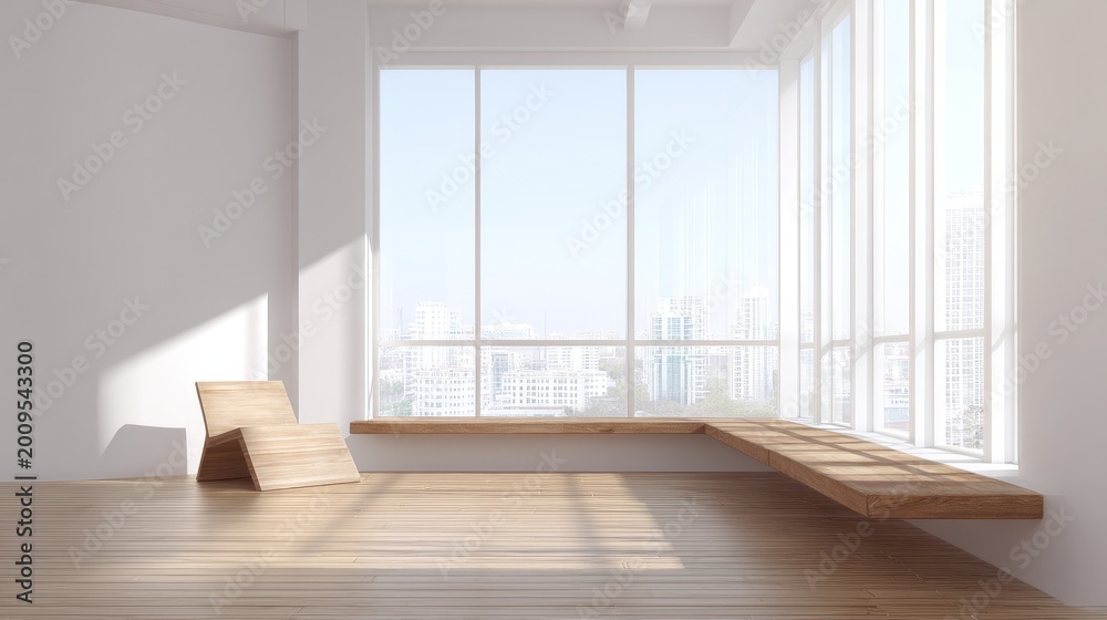 Fototapeta premium Bright and Spacious Modern Interior Design with Large Windows and Minimalist Wooden Elements in Contemporary Urban Setting