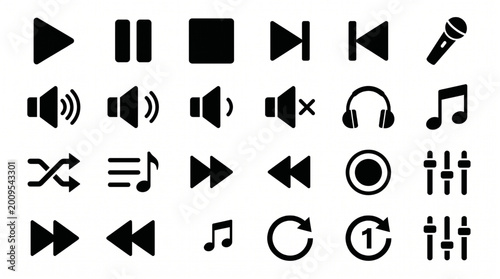 Music audio icon set black and white flat pictogram isolated on white background