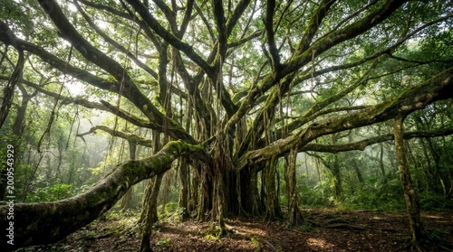 Ancient banyan tree with hanging roots in a lush forest