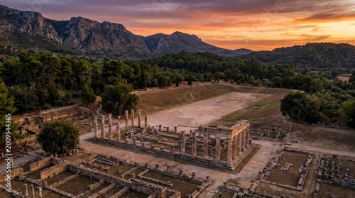 Ancient Greek ruins and stadium at sunset