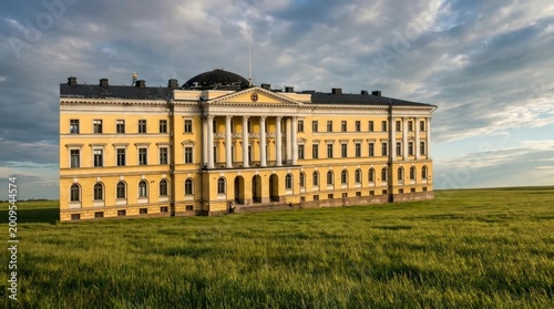 Yellow neoclassical building in a green field