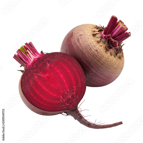 Two beets, one cut isolated on a transparent background