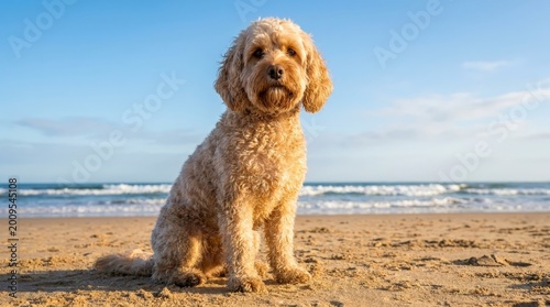 Cute Cockapoo dog sitting on a sunny beach