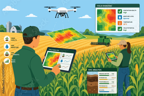 Farmers using digital tablet for smart farming and drone monitoring in field