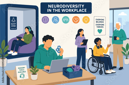 Neurodiversity in the workplace concept with inclusive office environment and diverse employees