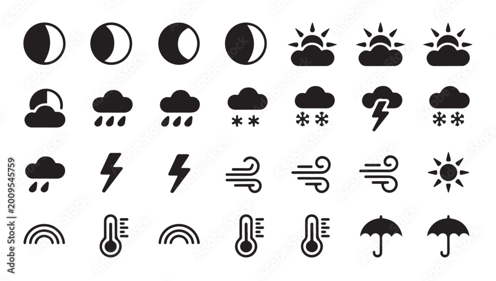 Fototapeta premium Weather icons set, moon phases, sun and clouds, rain, snow, lightning, wind.