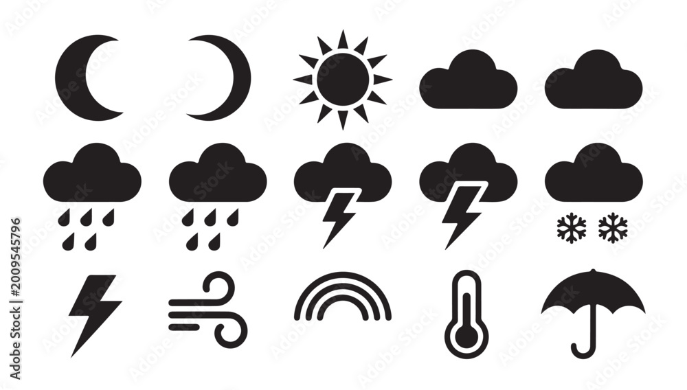 Fototapeta premium Weather icons, moon crescent, sun, clouds, rain, lightning, snow, wind, umbrella.