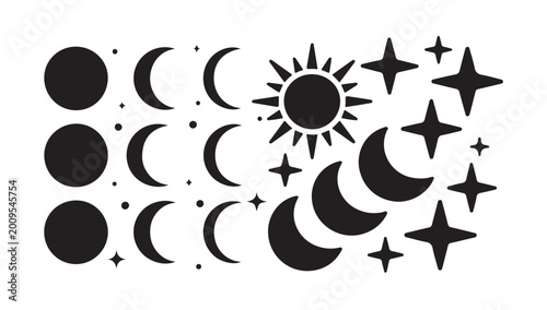 Фотография Celestial bodies and phases of moon and sun with stars, graphic design elements