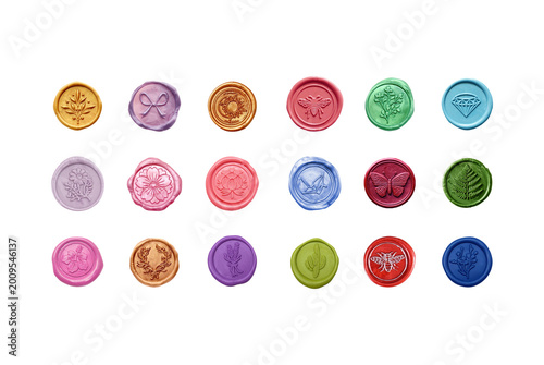 Quadro su tela Colorful wax seal set isolated on transparent background, vintage sealing stamps