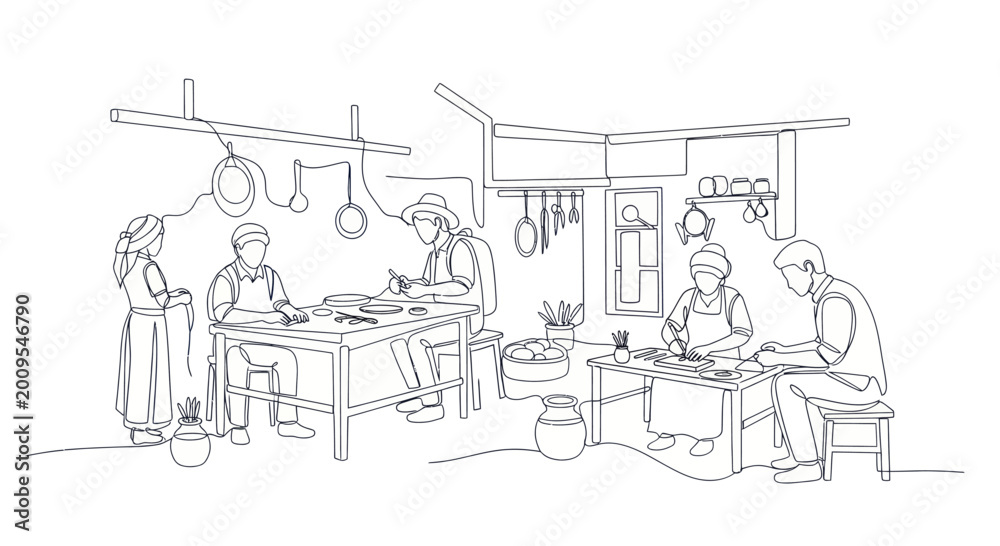Obraz premium Group of people working together in a rustic kitchen setting.